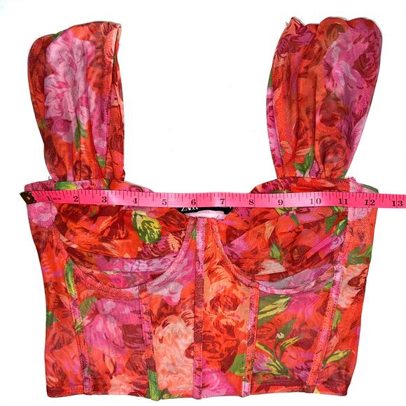 Zara Floral Pink Mesh Bustier Corset Ruched Crop Top Size Small - Picture 9 of 10